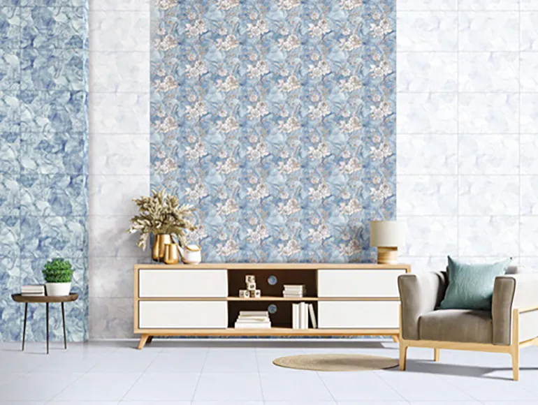 Chic living room design showcasing intricate blue floral wall tiles